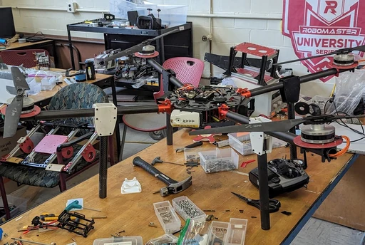 VT RoboGrinder large quadcopter undergoing restoration on a workshop bench